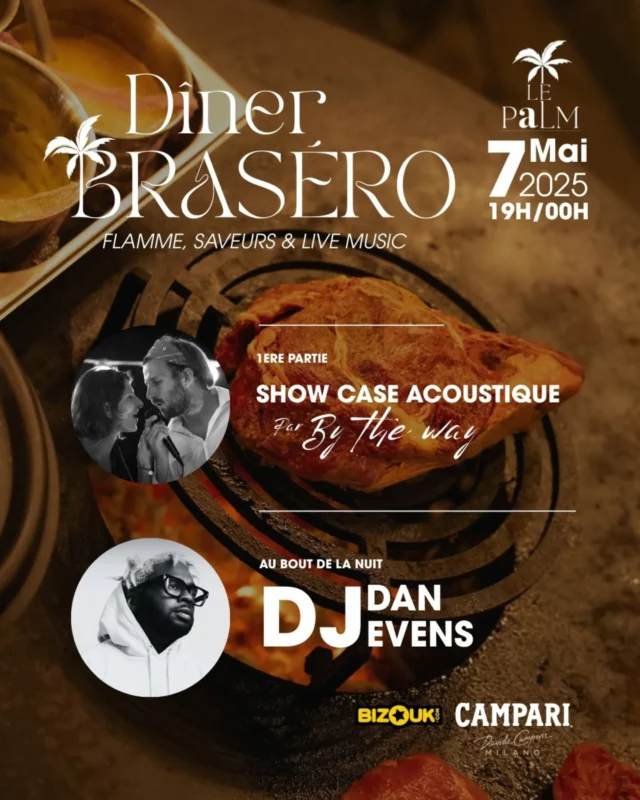 🔥 Flamme, Saveurs & Live Music 🎸
Ce mercredi soir, veille de jour férié, on t'attend pour un Dîner Brasero d'exception avec un menu grillade gourmand et une animation musicale assurée par le duo acoustique By The Way suivi de DJ Dan Evens. 

Happy Hour Brasero exclusif avec notre partenaire CAMPARI by @bbsdrinkcollection à récupérer sur @bizouk_officiel - lien dans notre bio.

Rdv dès 19h.
Réservez votre table dès maintenant au 0596 31 06 70 ou par mail reservation@lepalm.mq.