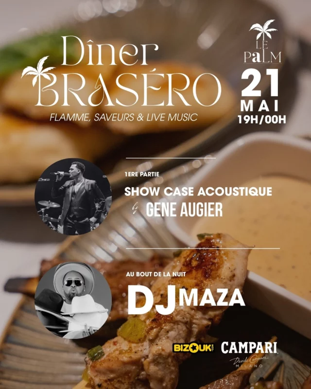 Le Palm ravive la flamme.
Une nouvelle édition de nos dîners Brasero vous attend :
grillades, cocktails Campari, ambiance musicale entre acoustique et DJ set. @gene_augier @djmaza972 
Une expérience où les sens s’embrasent 🔥

🎟️ Happy Hour : 1 cocktail acheté = 1 offert — offre disponible dès maintenant sur Bizouk @bbsdrinkcollection 
Réservez votre table. 

#brasero #lepalm #restaurant #martinique