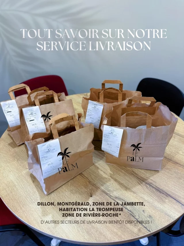 🍴 NOUVEAU : la cuisine du Palm arrive jusqu’à vous.
Pause déj chronométrée ? On s’occupe de tout.

Vous bossez (ou habitez) à Dillon, Jambette, Montgérald, Trompeuse ou Rivière-Roche ?
👉 On vous livre directement sur votre lieu de travail ou à la maison, avec des plats cuisinés préparés chaque matin avec des produits frais & locaux.

✔ Commande exclusivement en ligne avant 10h30
✔ Livraison garantie entre 12h et 14h30
✔ Paiement CB ou AMEX – minimum de commande 50€ (livraison gratuite)

✨ C’est déjà un succès sur les premières zones desservies,
mais attention : les autres secteurs devront encore patienter un peu…

Alors, prêt·e à upgrader vos déjeuners en semaine ? 👨🏽‍🍳👩🏾‍💻
📲 Commandez dès maintenant via notre site : https://lepalm.mq/livraison/
(Lien aussi en bio)